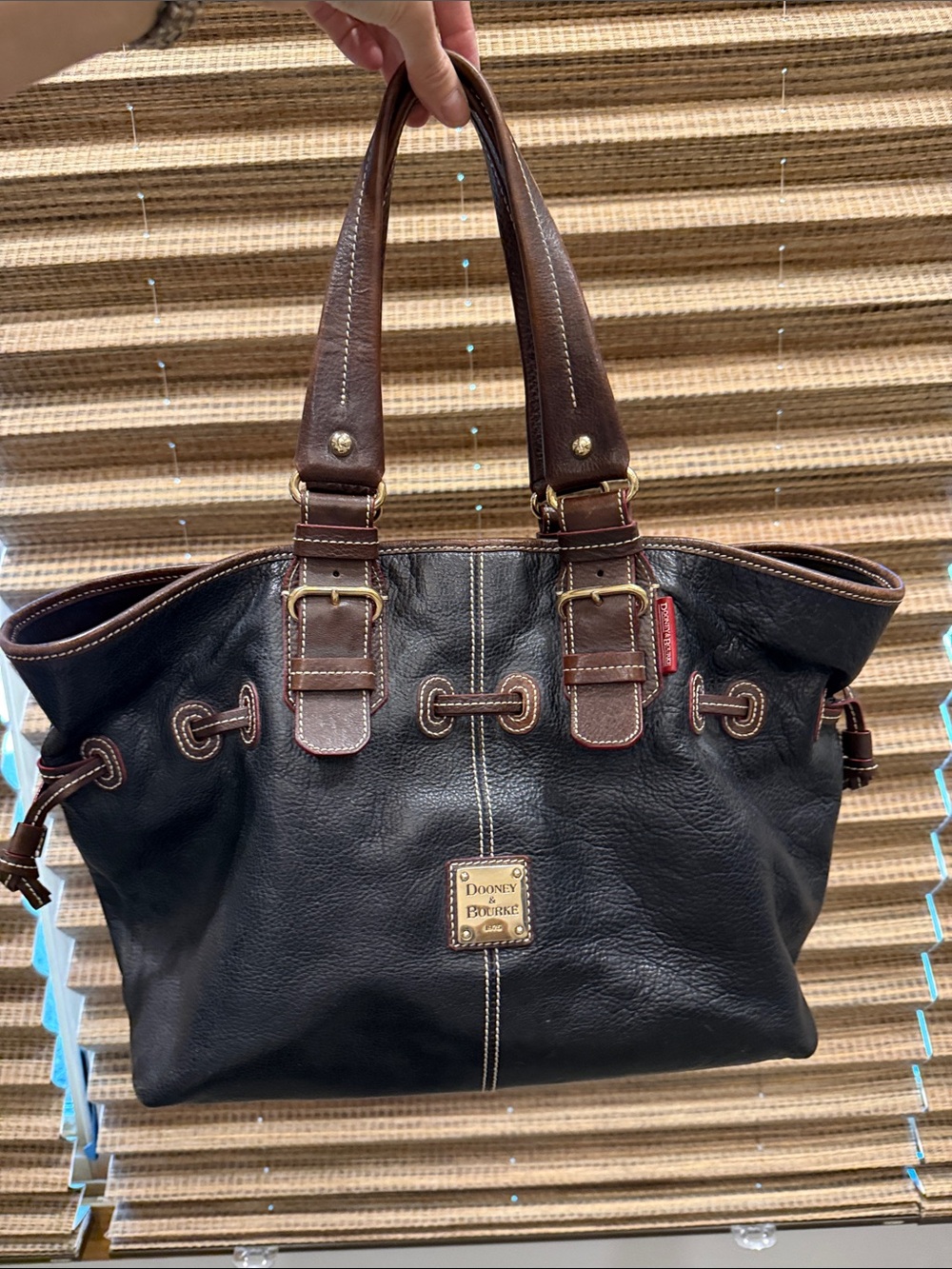 Dooney & Bourke Black Leather Tote with Brown Trim and Gold Hardware